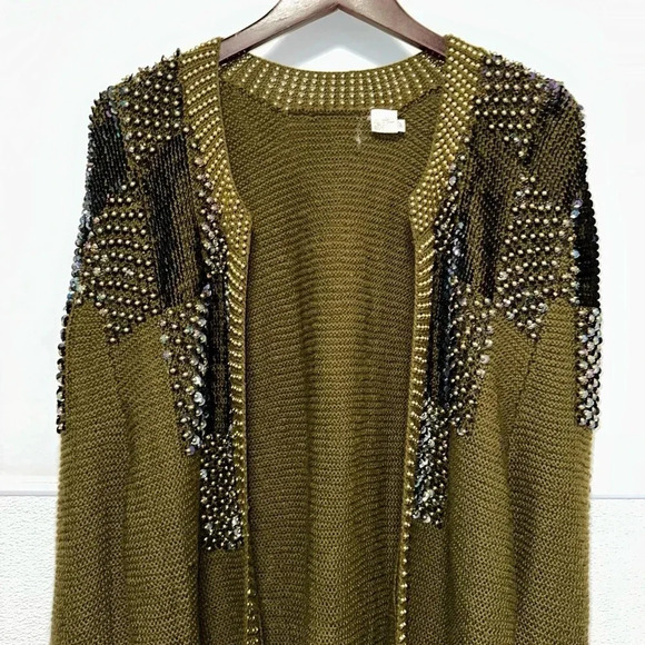 Women's Missing Tag Cardigan M Olive Green Gold Beaded Wool - Picture 3 of 16